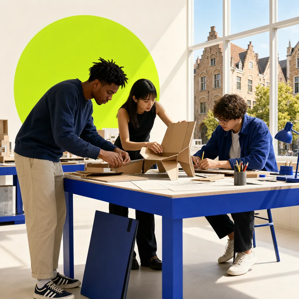 Студенты дизайн-школы зарубежного университета собирают макет стула, за окном старый европейский город